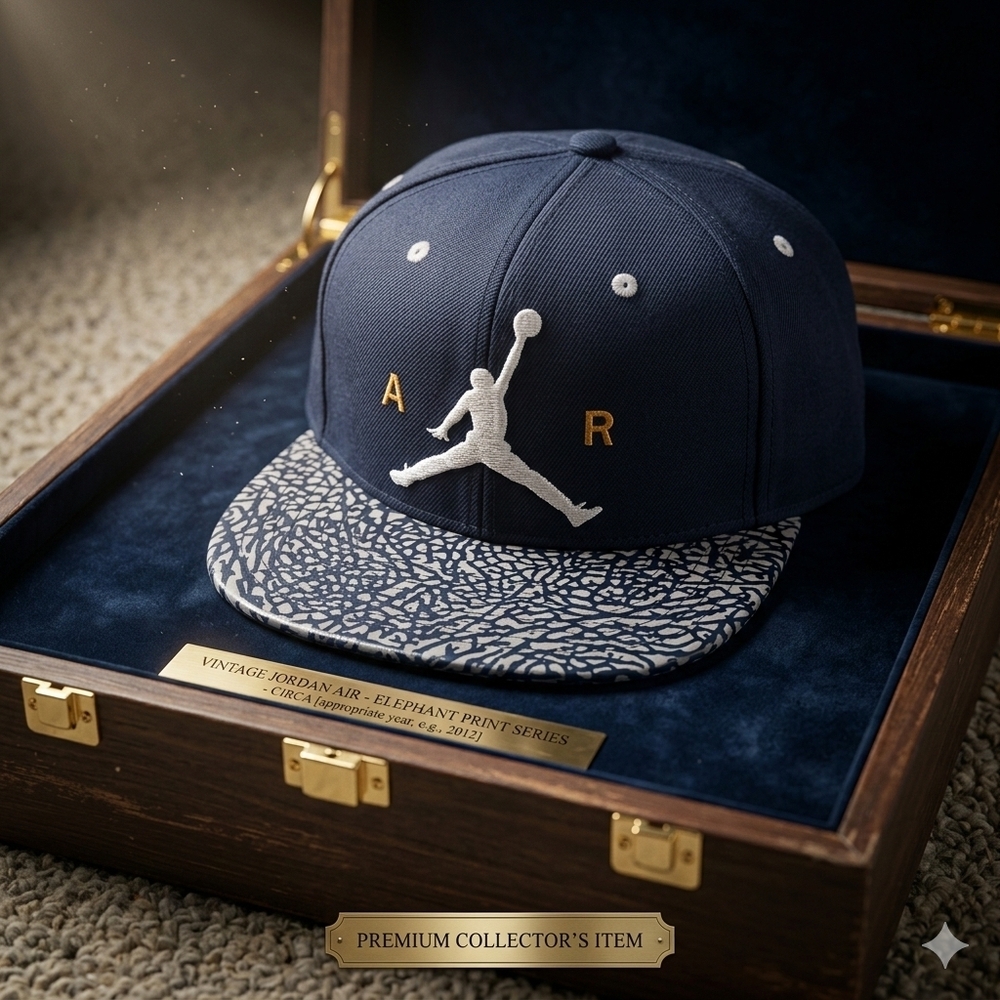 Rare Vintage Jordan Air Elephant Print Snapback Hat - Navy/Gold